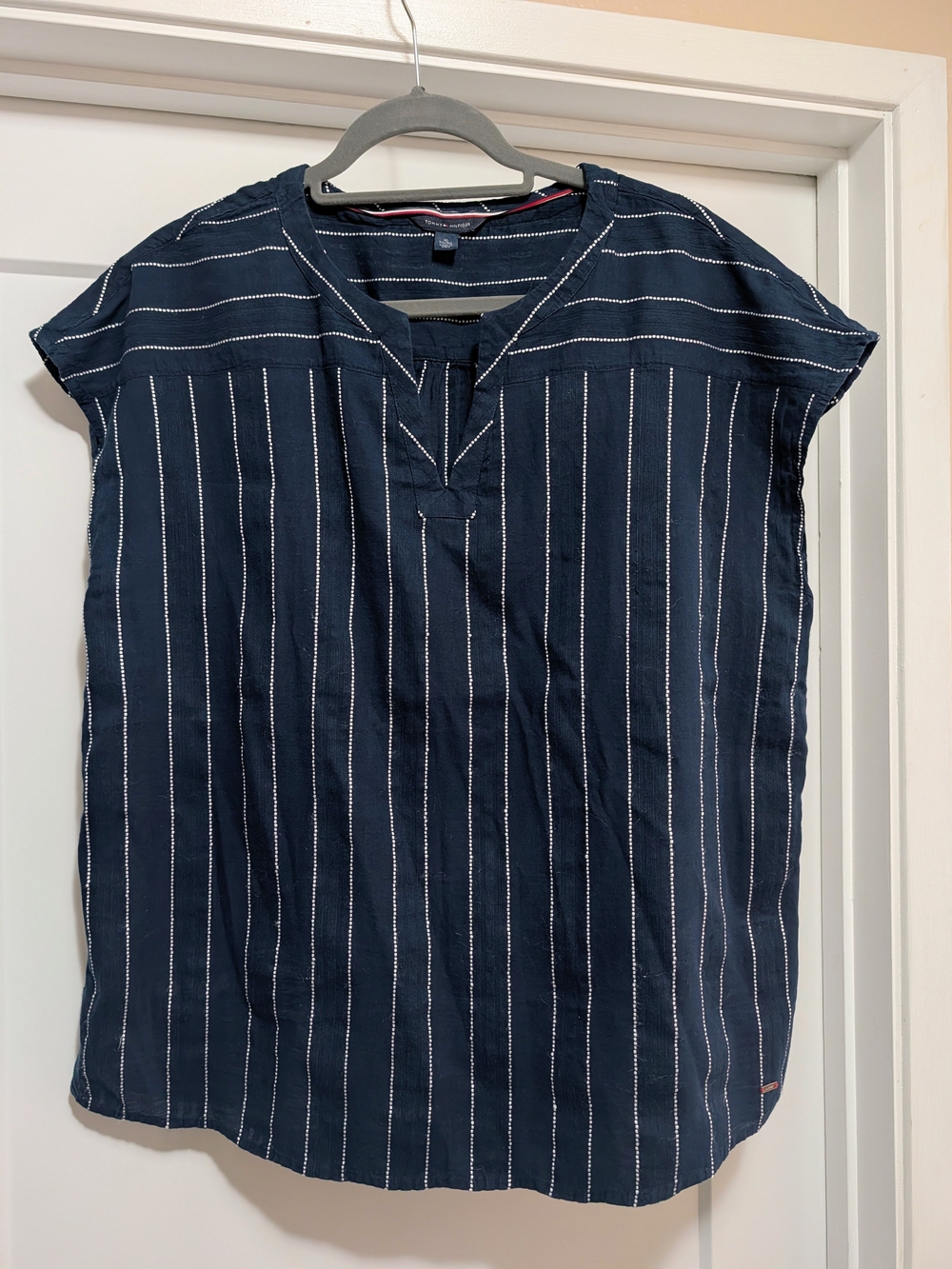Women's Tommy Hilfiger Navy and White Vertical Stripe Cap-Sleeve Shirt